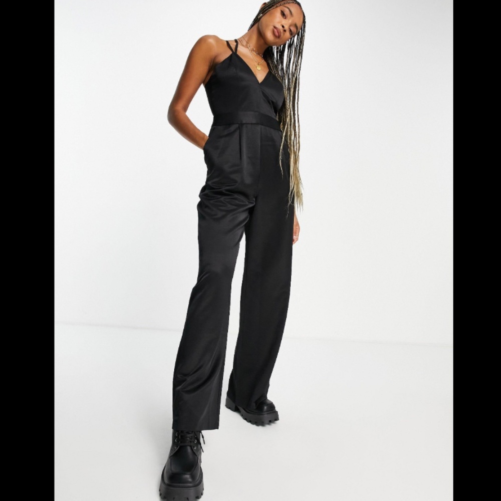 Topshop premium satin jumpsuit in black